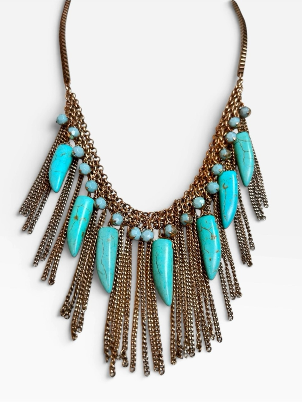 Boho Turquoise Spike, Gold Chain Fringe Statement Necklace Festival SouthWestern